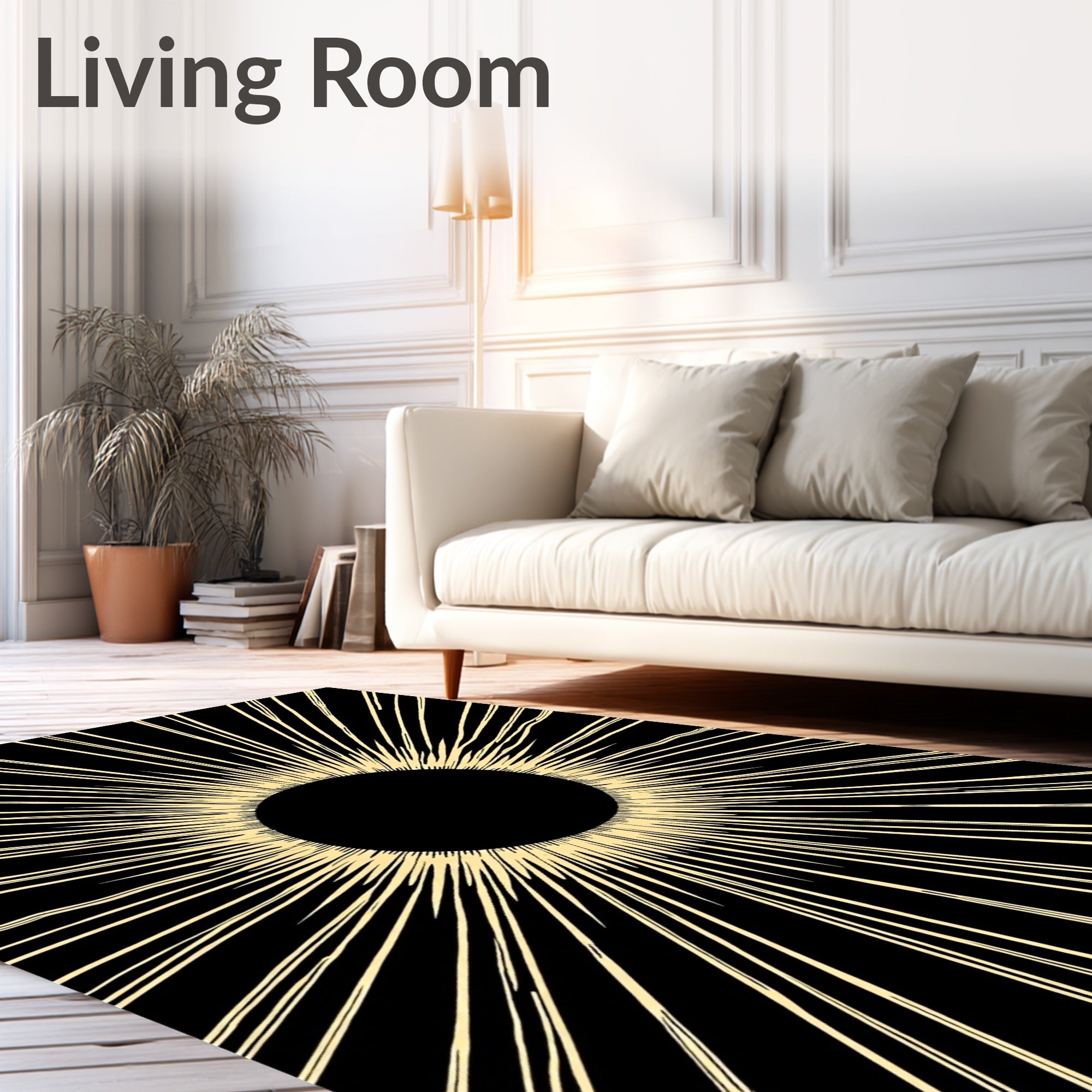 Black Sunburst Rays Art Rug
