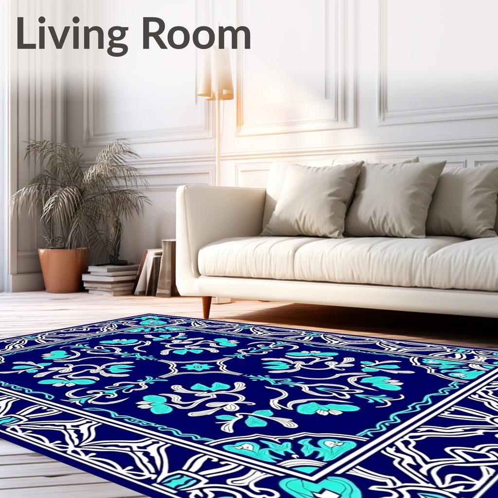 Intricate Blue Floral Scroll Border Rug