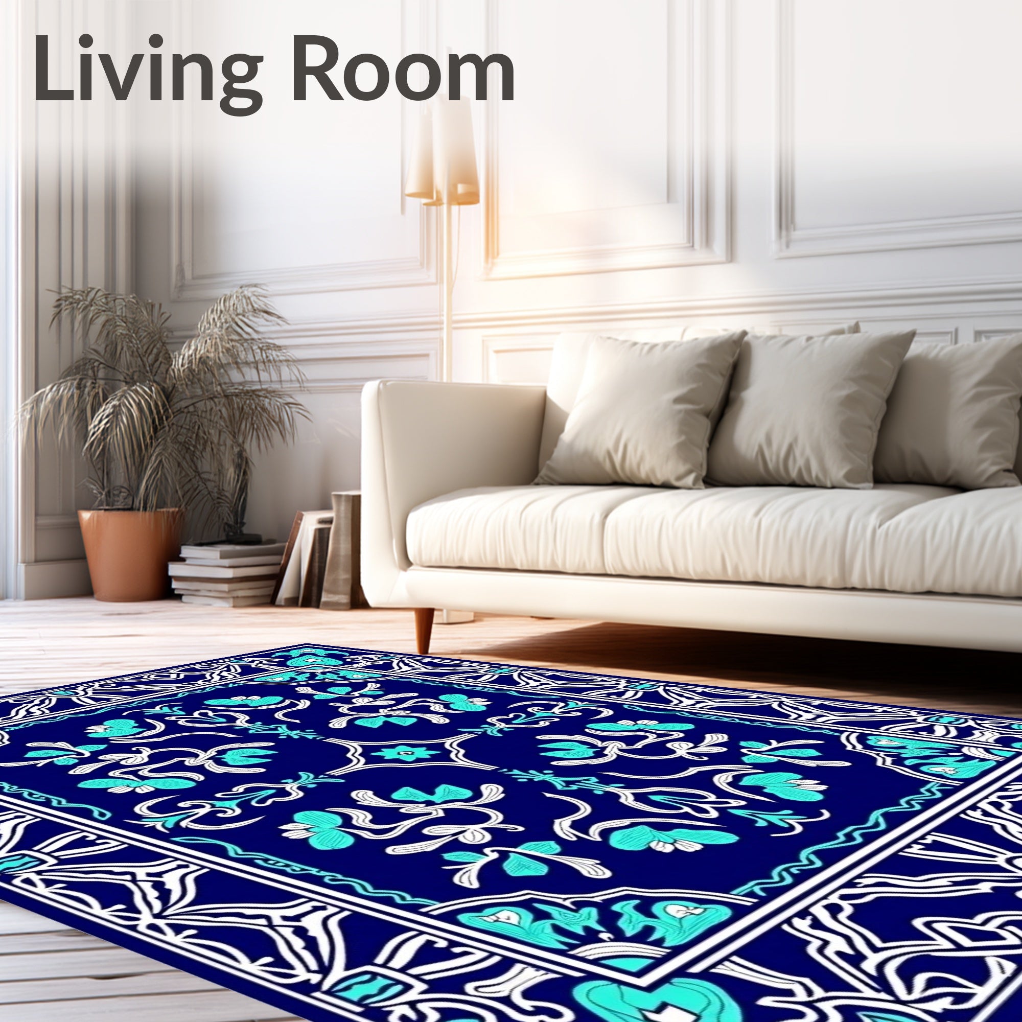 Intricate Blue Floral Scroll Border Rug