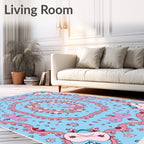 Whimsical Pink Floral Creatures Blue Rug