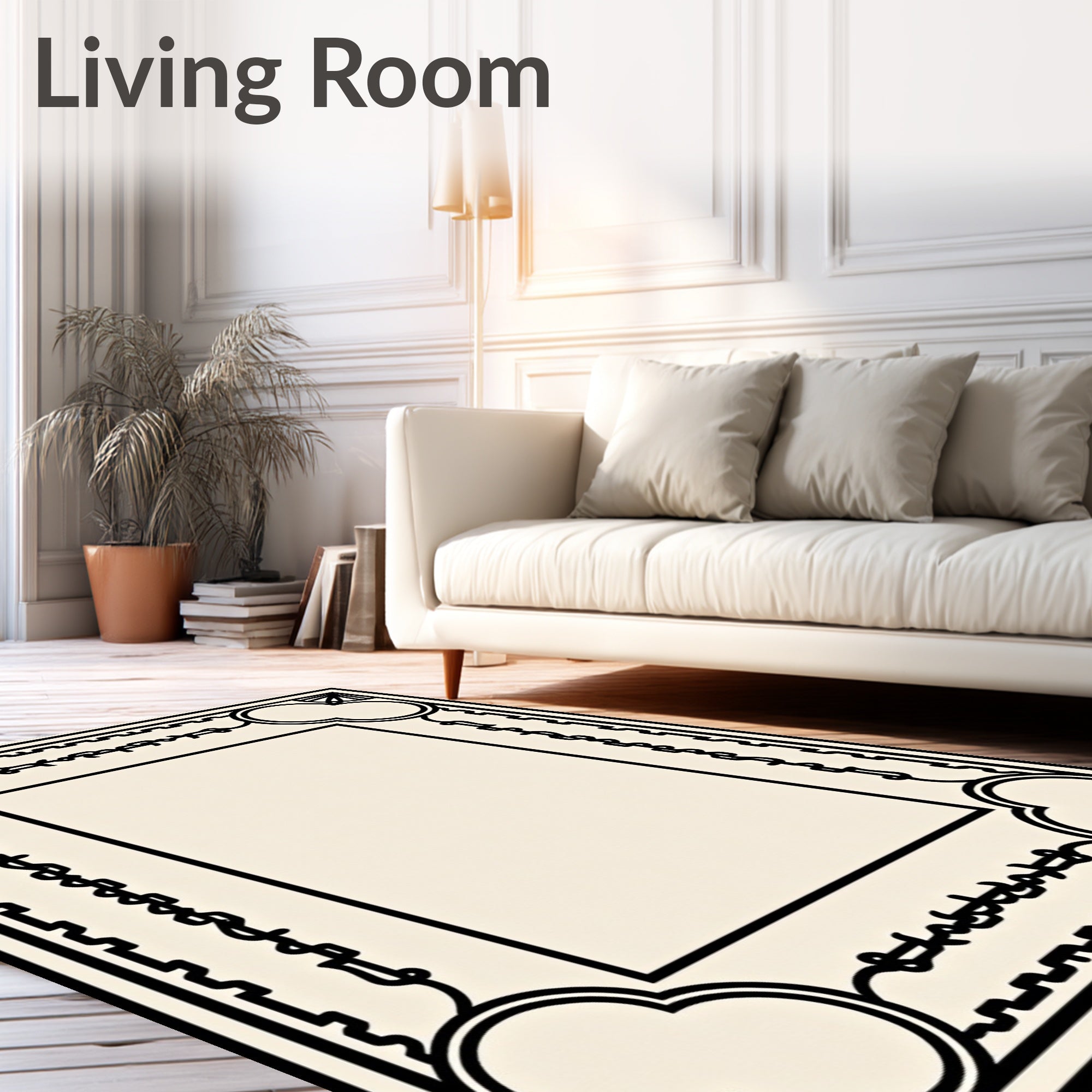 Art Deco Black Ivory Geometric Floral Rug