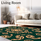 Ornate Emerald and Gold Filigree Pattern Rug
