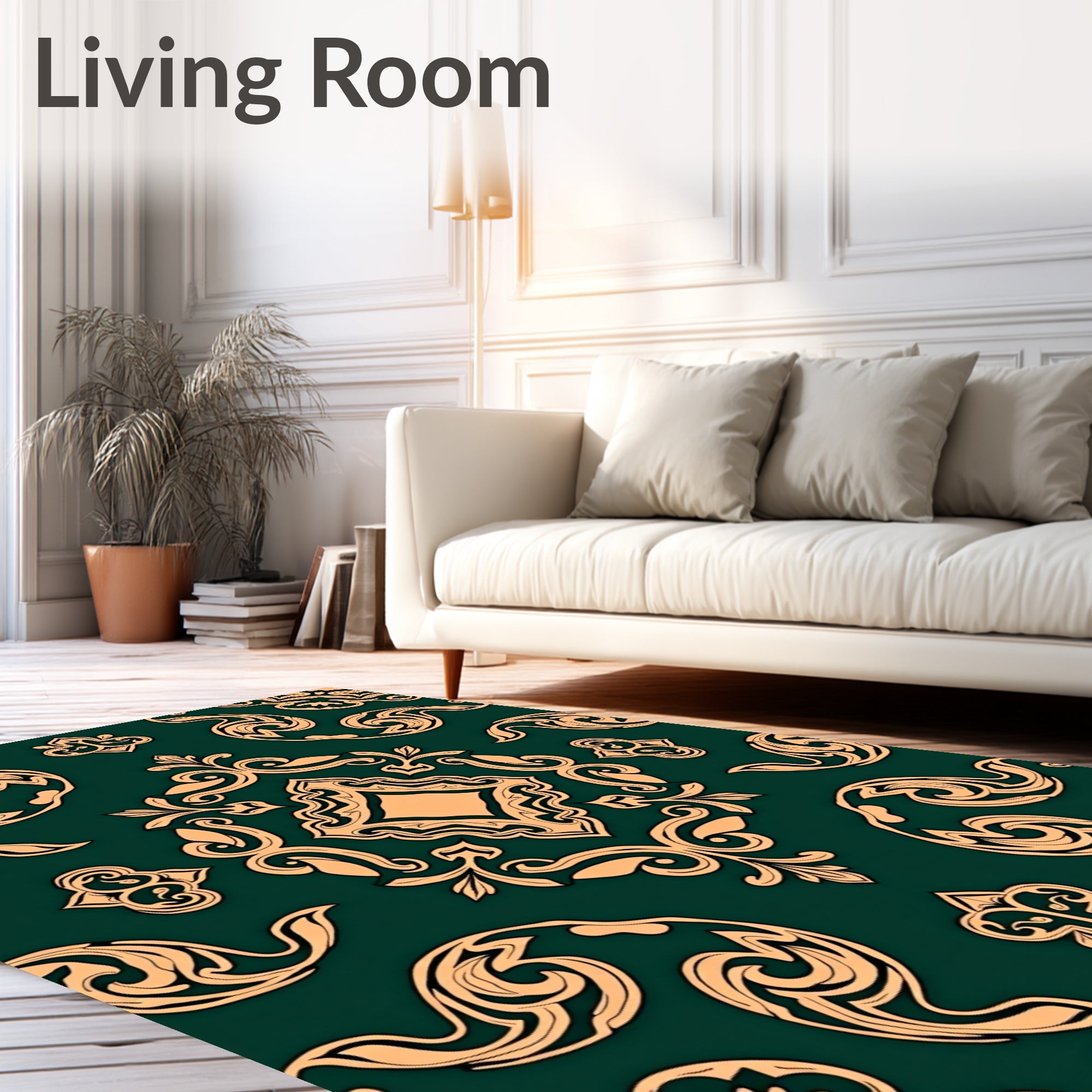 Ornate Emerald and Gold Filigree Pattern Rug