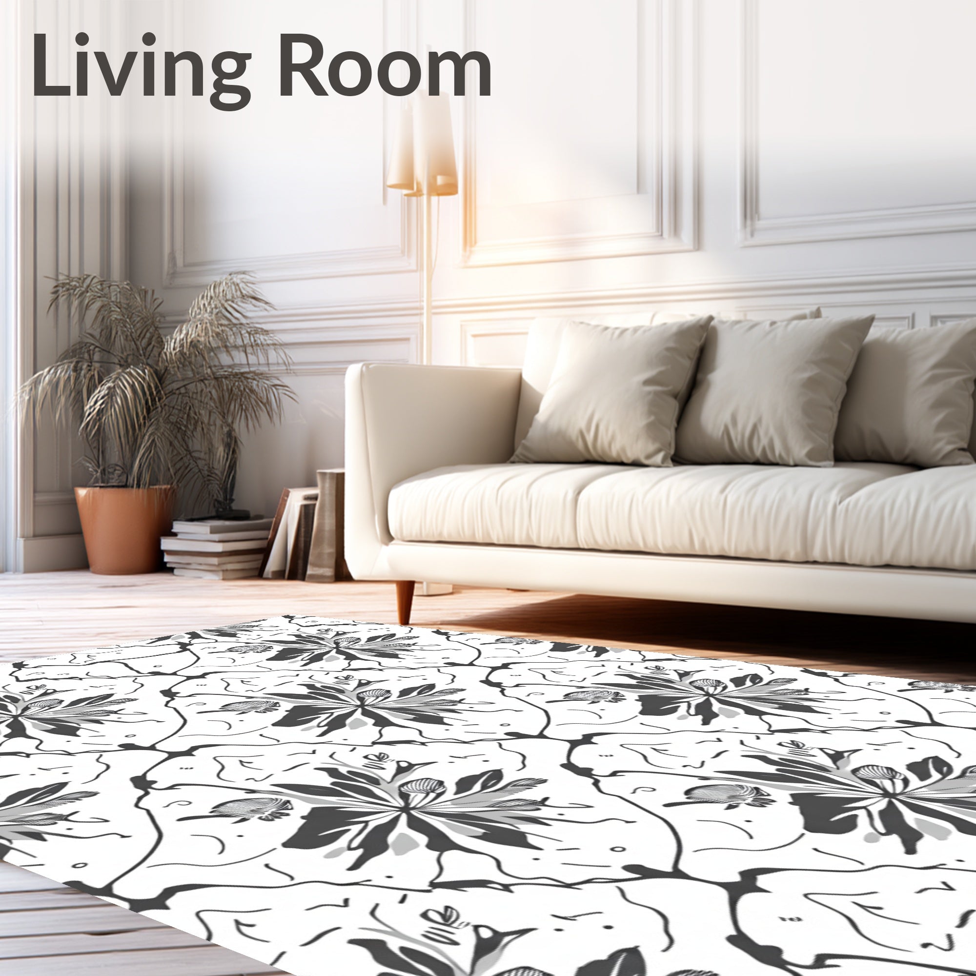 Monochromatic Floral And Line Art Design Rug
