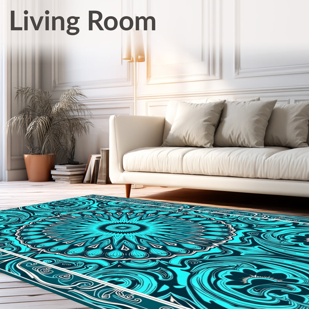 Intricate Teal Floral Geometric Mandala Rug