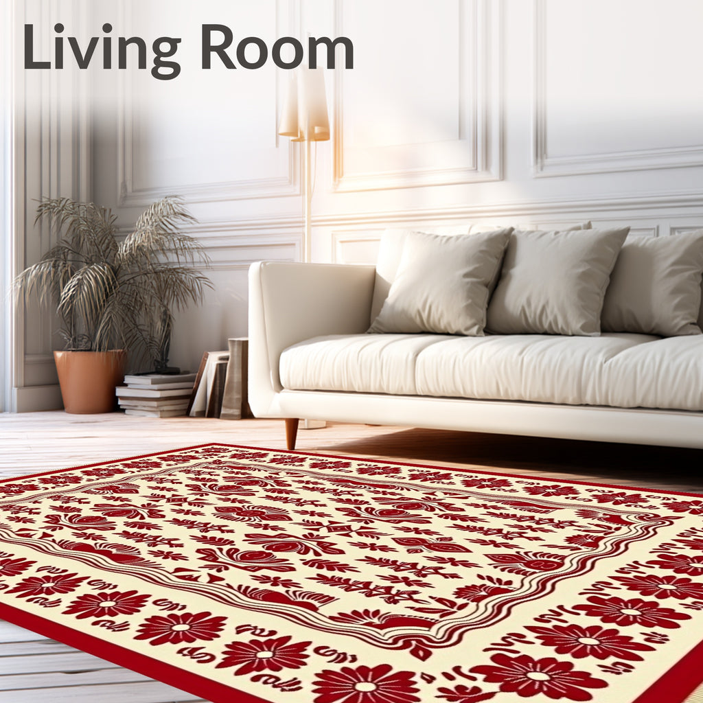 Red Floral Botanical Folk Art Rug