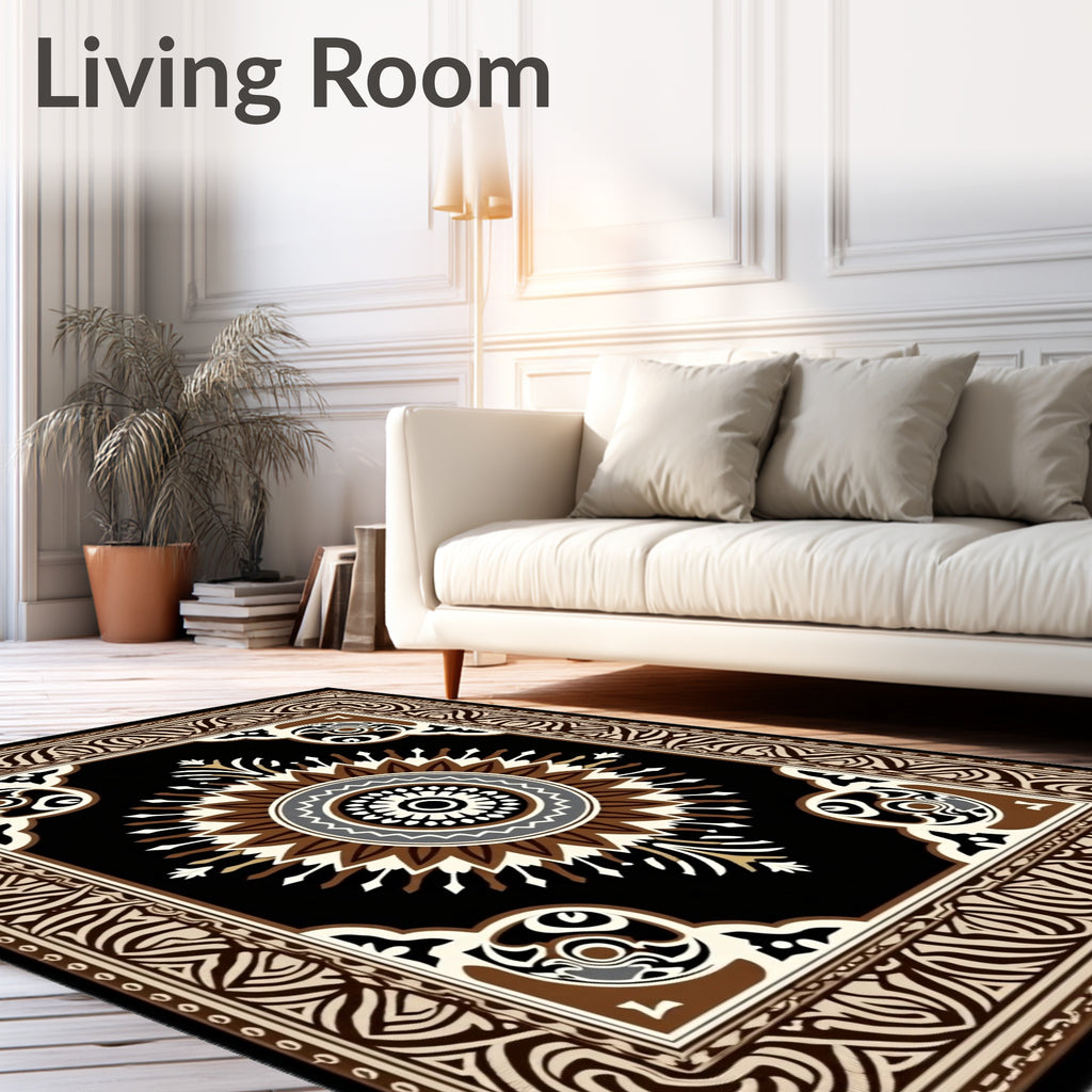 Ornate Radial Brown Black Pattern Rug