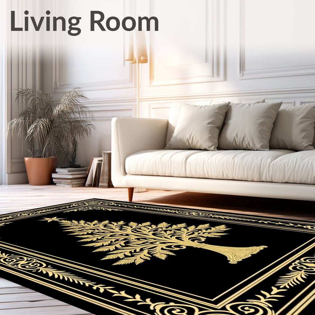 Golden Christmas Tree Ornate Border Rug
