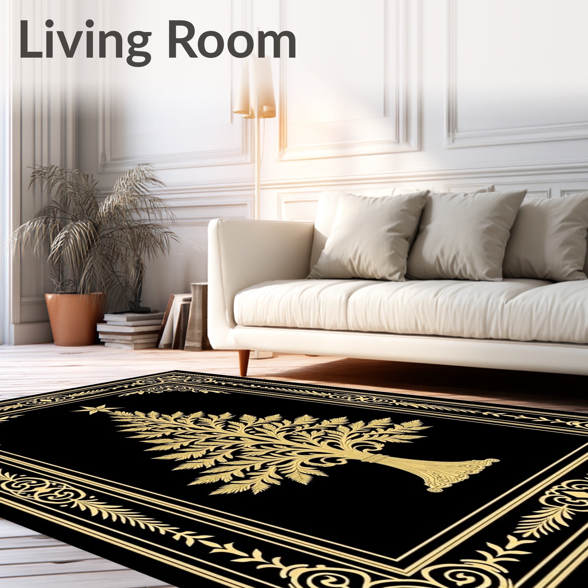 Golden Christmas Tree Ornate Border Rug