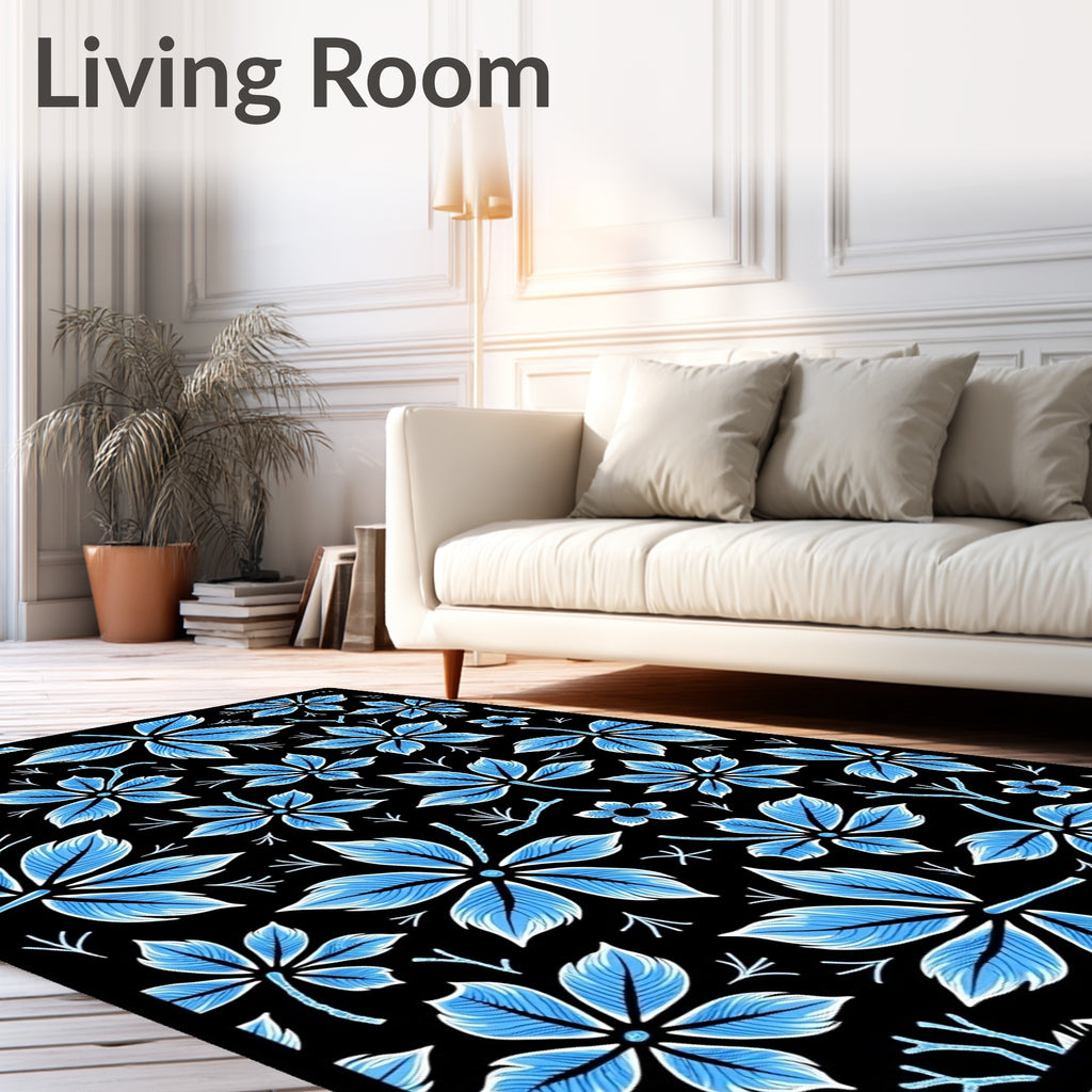 Bold Blue Leafy Branch Arrangement Rug