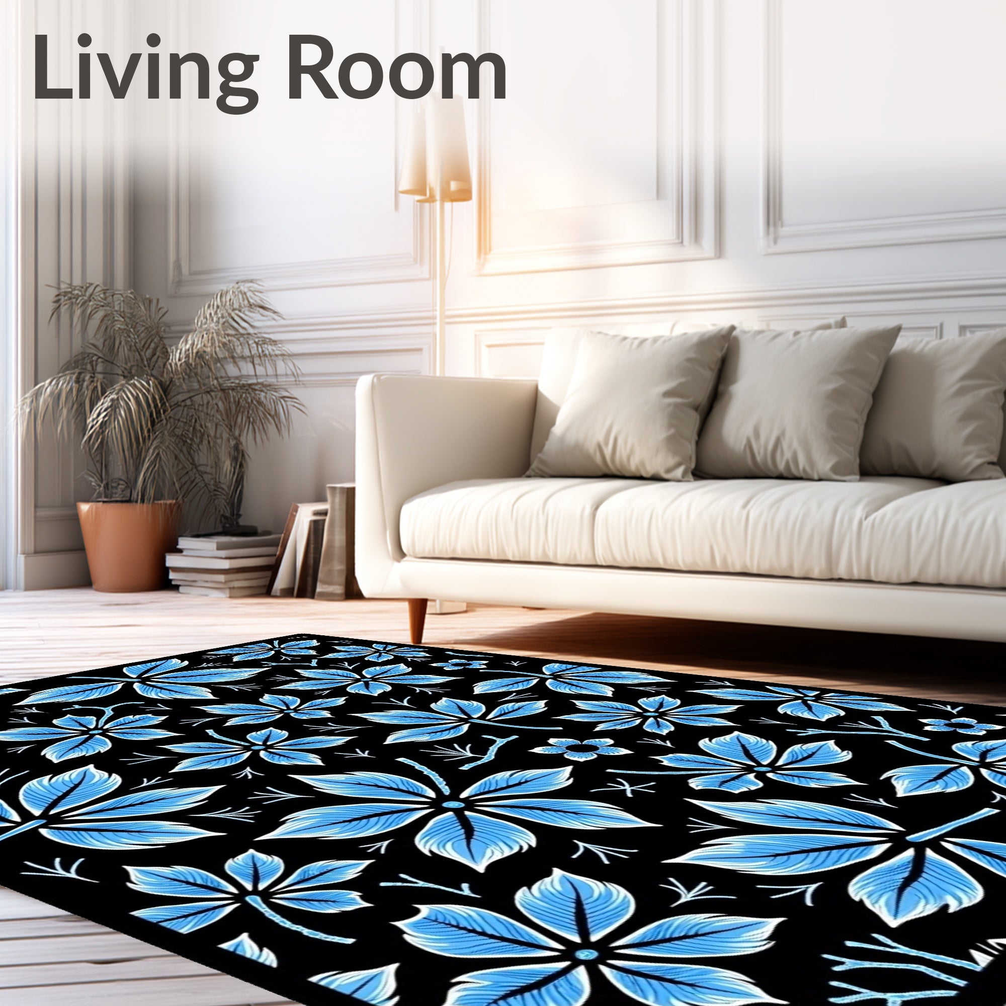 Bold Blue Leafy Branch Arrangement Rug