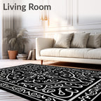 Ornate Scrollwork Black White Rug