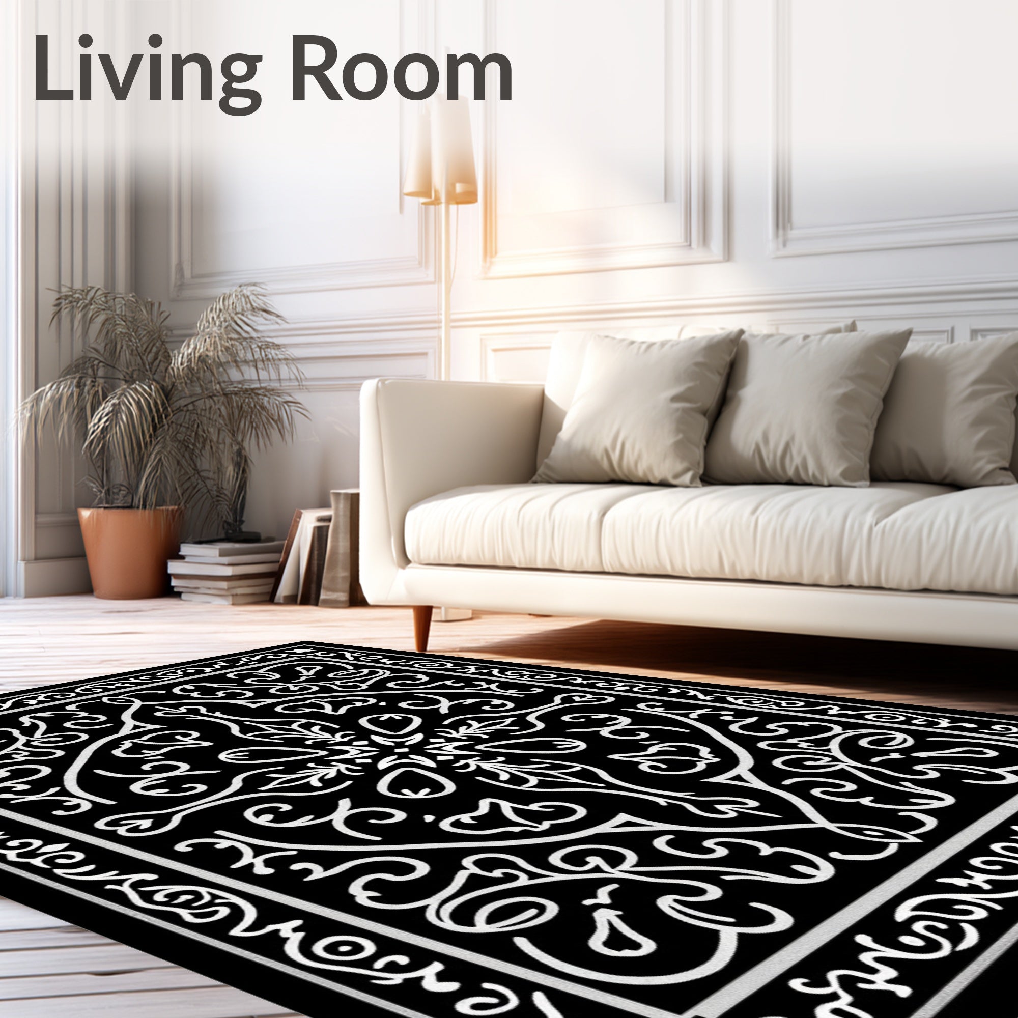 Ornate Scrollwork Black White Rug