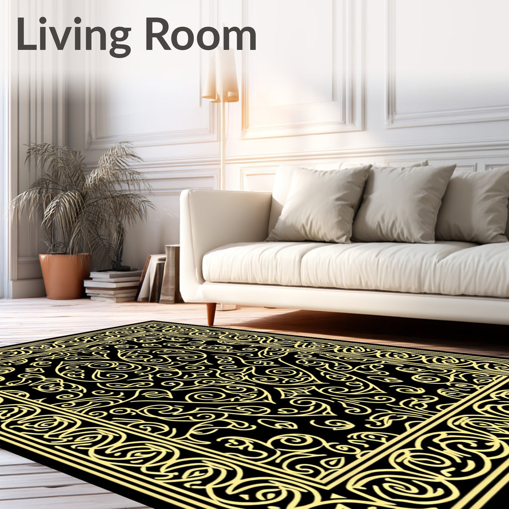 Ornate Scrollwork Yellow and Black Rug