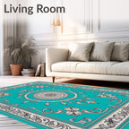 Ornate Teal Grey Floral Medallion Rug