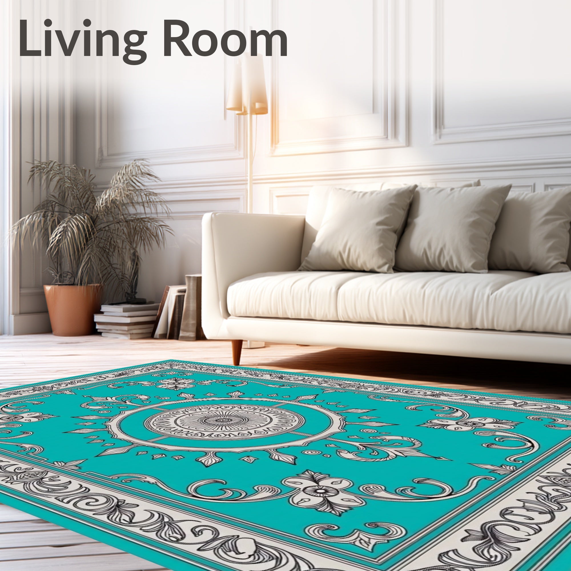 Ornate Teal Grey Floral Medallion Rug
