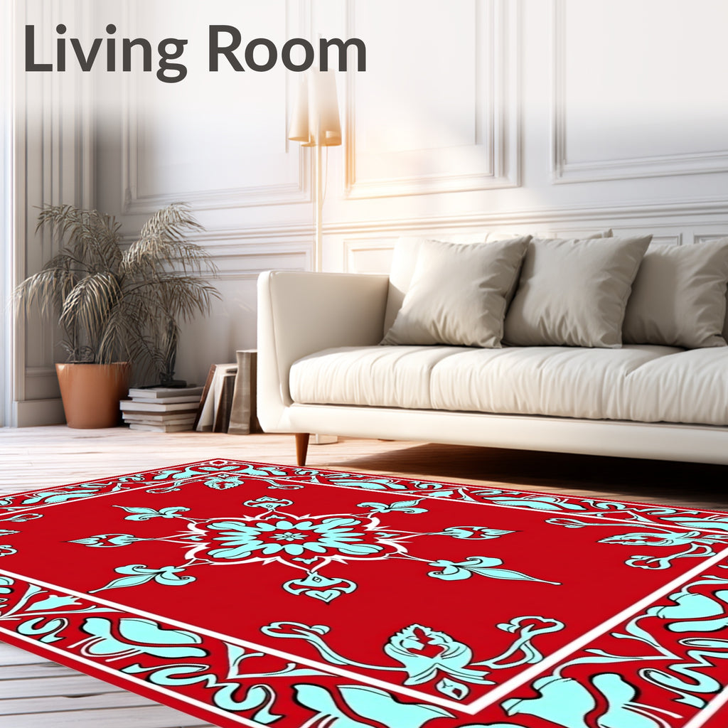 Red Floral Medallion With Powder Blue Accents Rug