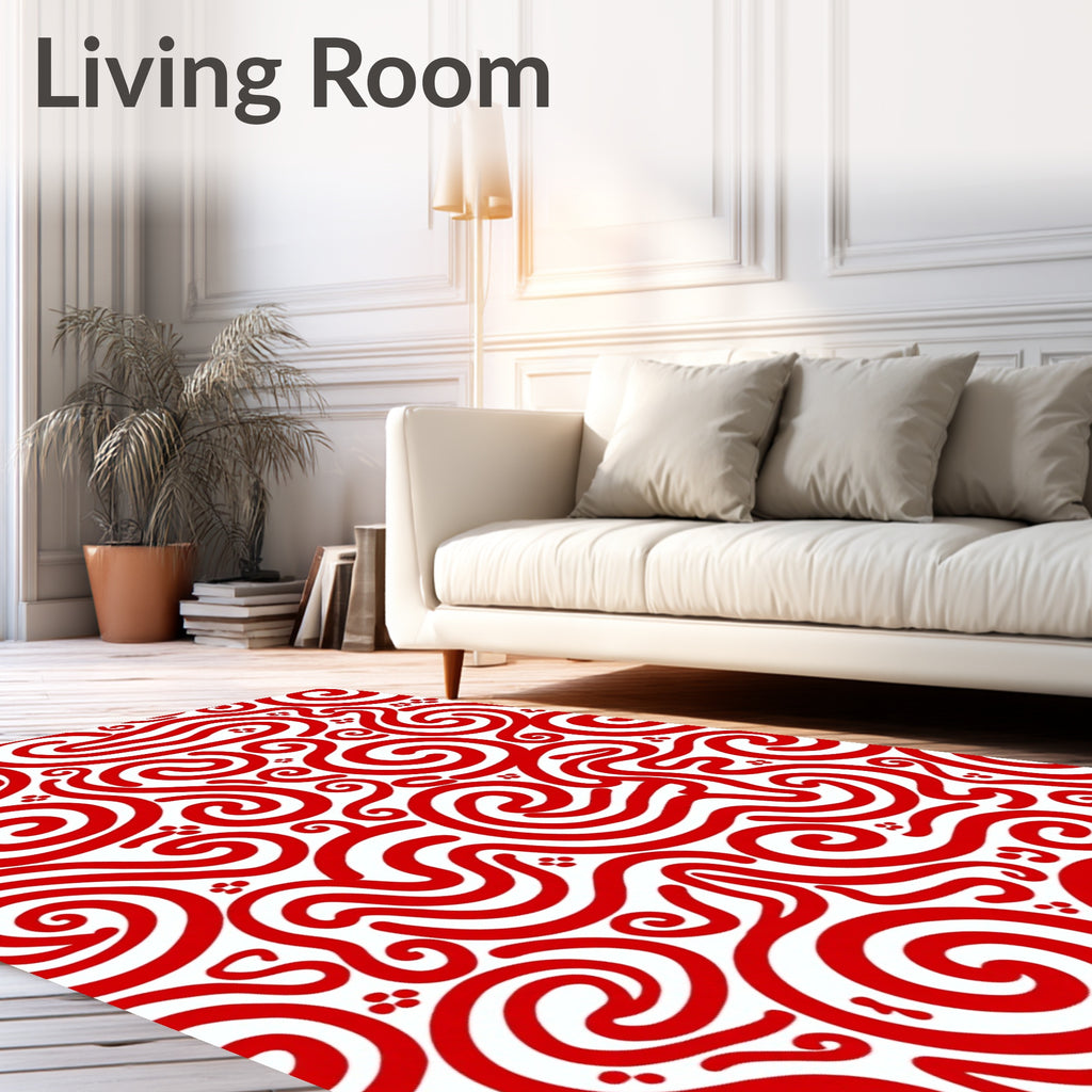Crimson White Scroll Swirls Rug