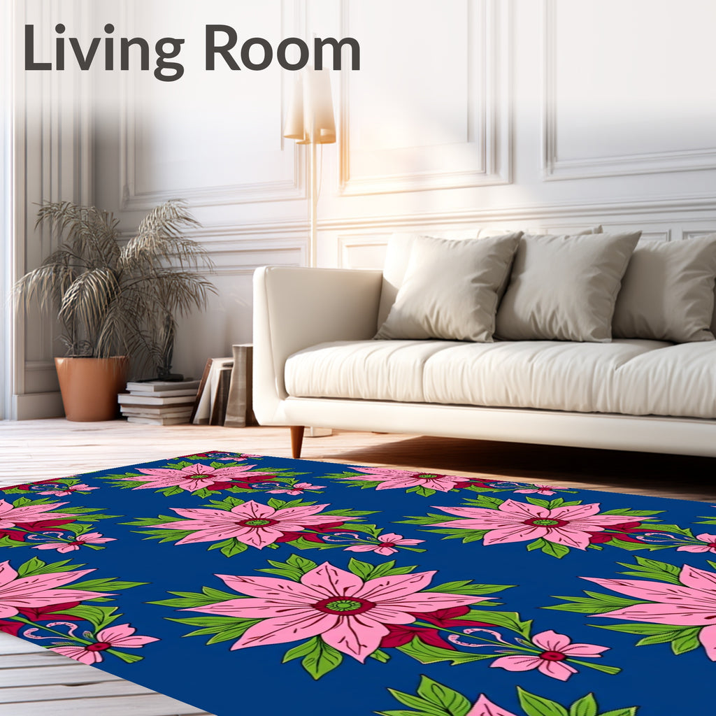 Pink Floral Garden Blue Rug