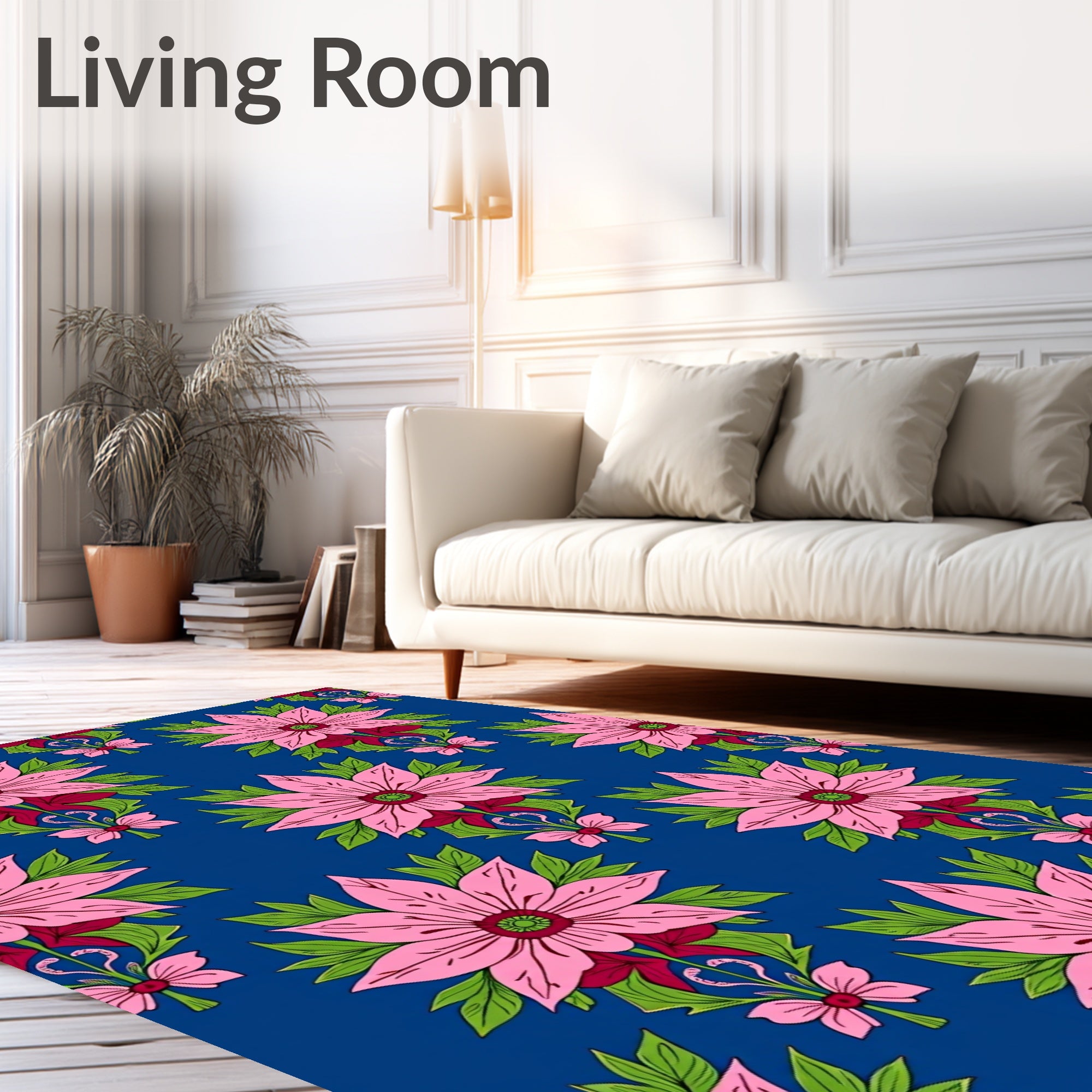 Pink Floral Garden Blue Rug
