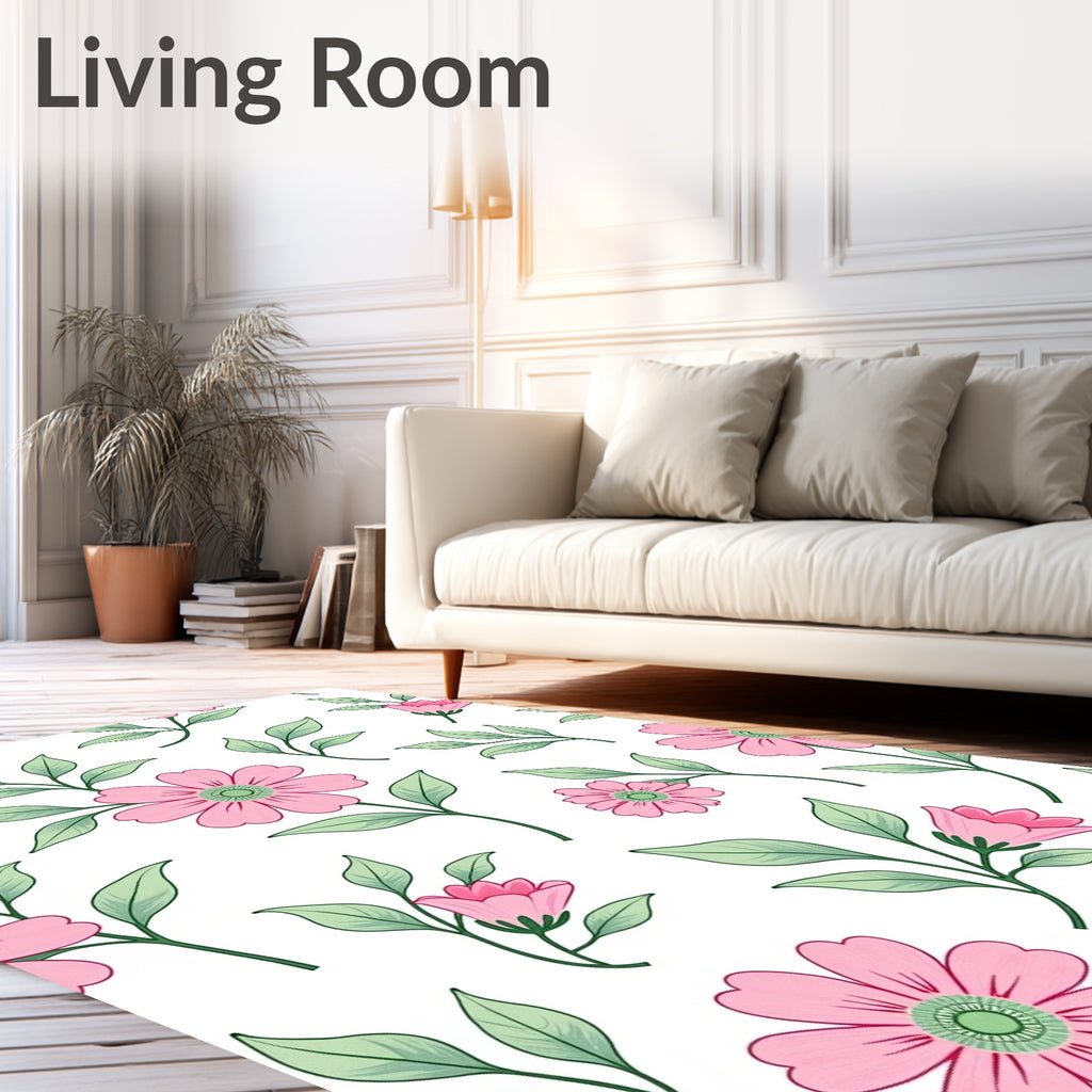 Pink Floral And Green Leaf Pattern Rug