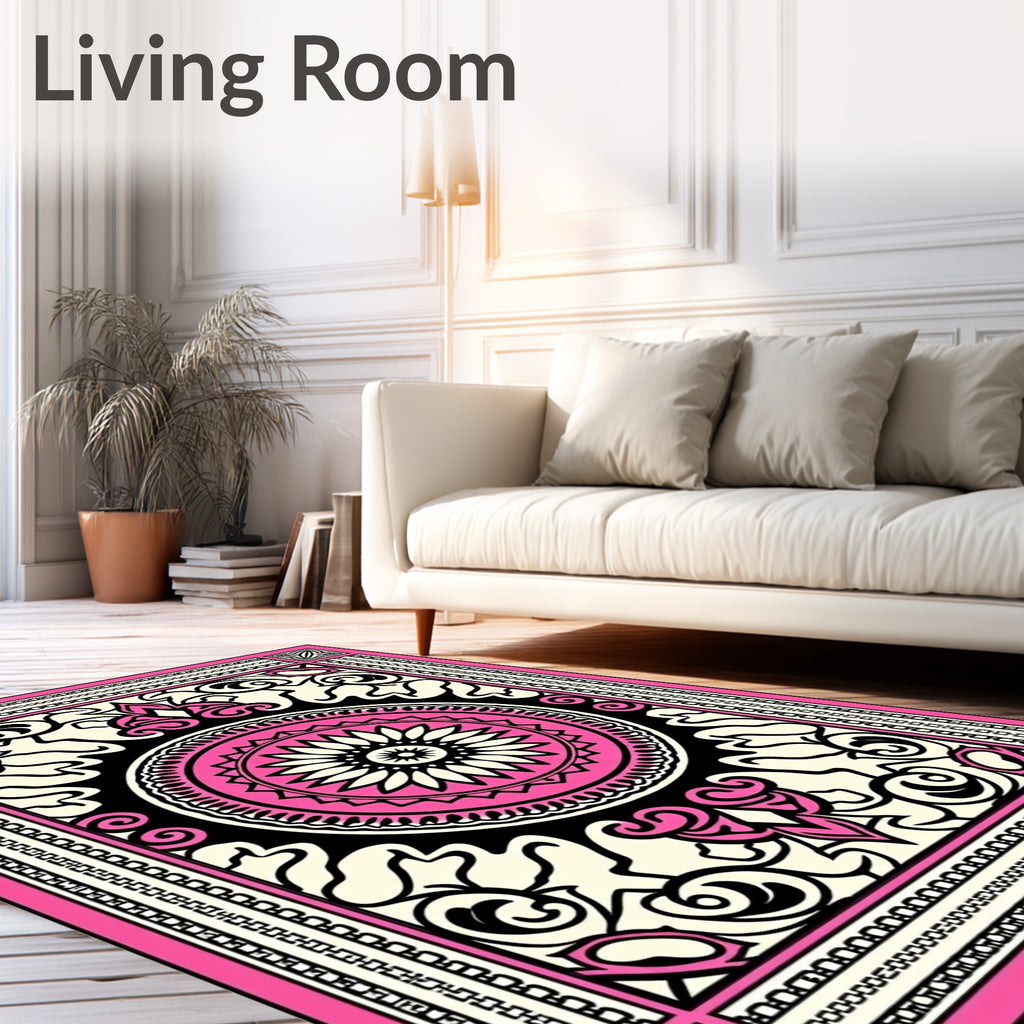 Pink Ivory Black Floral Mandala Pattern Rug