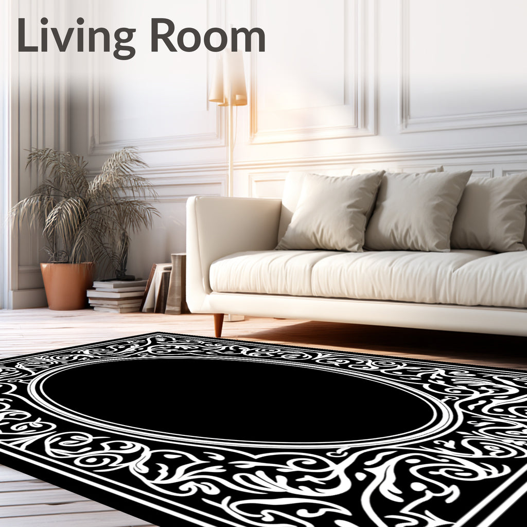 Ornate Black White Floral Scroll Rug