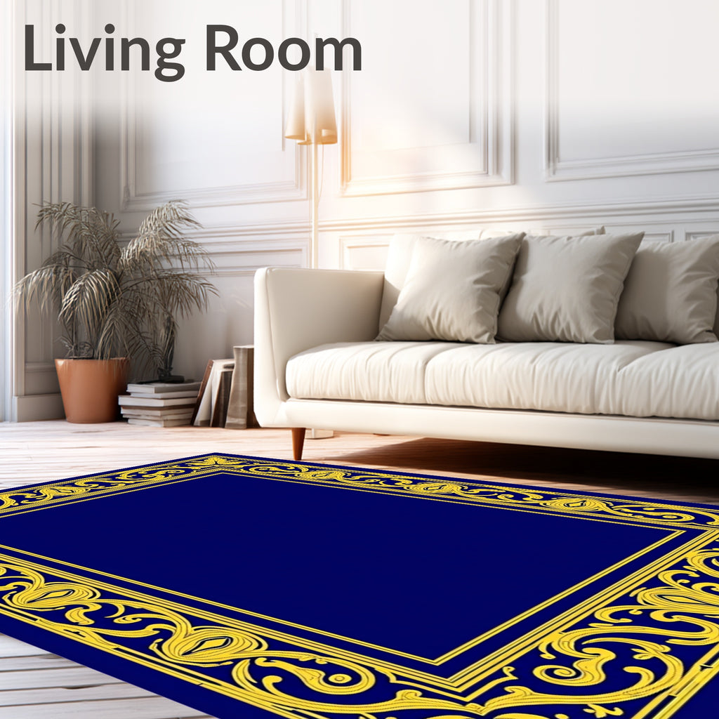 Ornate Floral Blue and Gold Border Rug