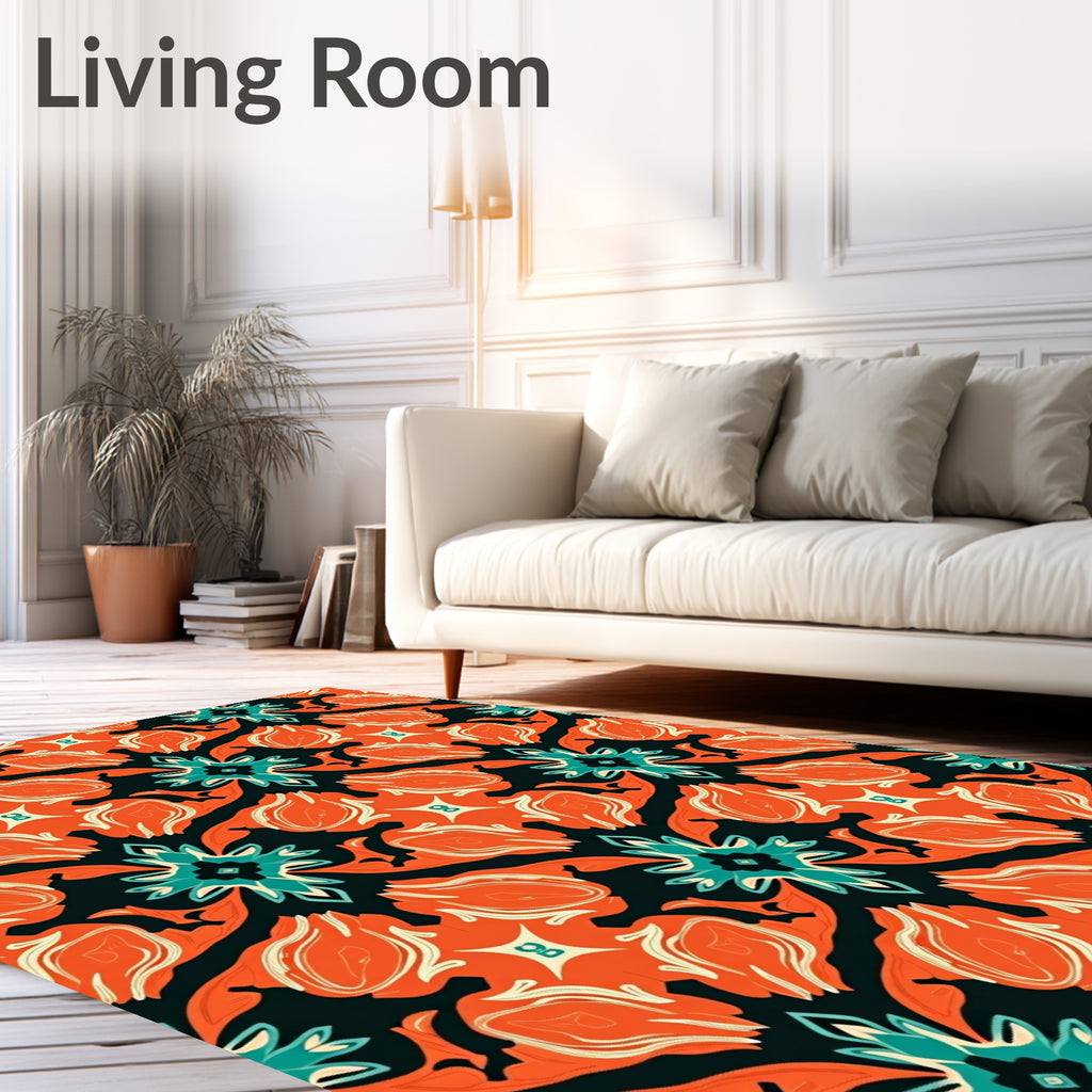 Ornate Teal Orange Floral Pattern Rug
