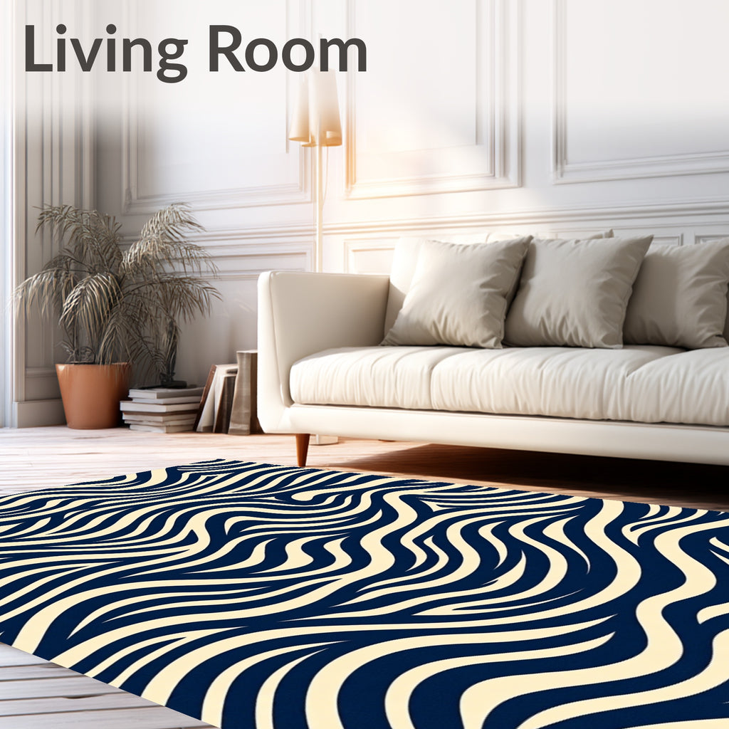 Cream and Navy Flowing Ribbon Pattern Rug