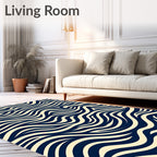Cream and Navy Flowing Ribbon Pattern Rug