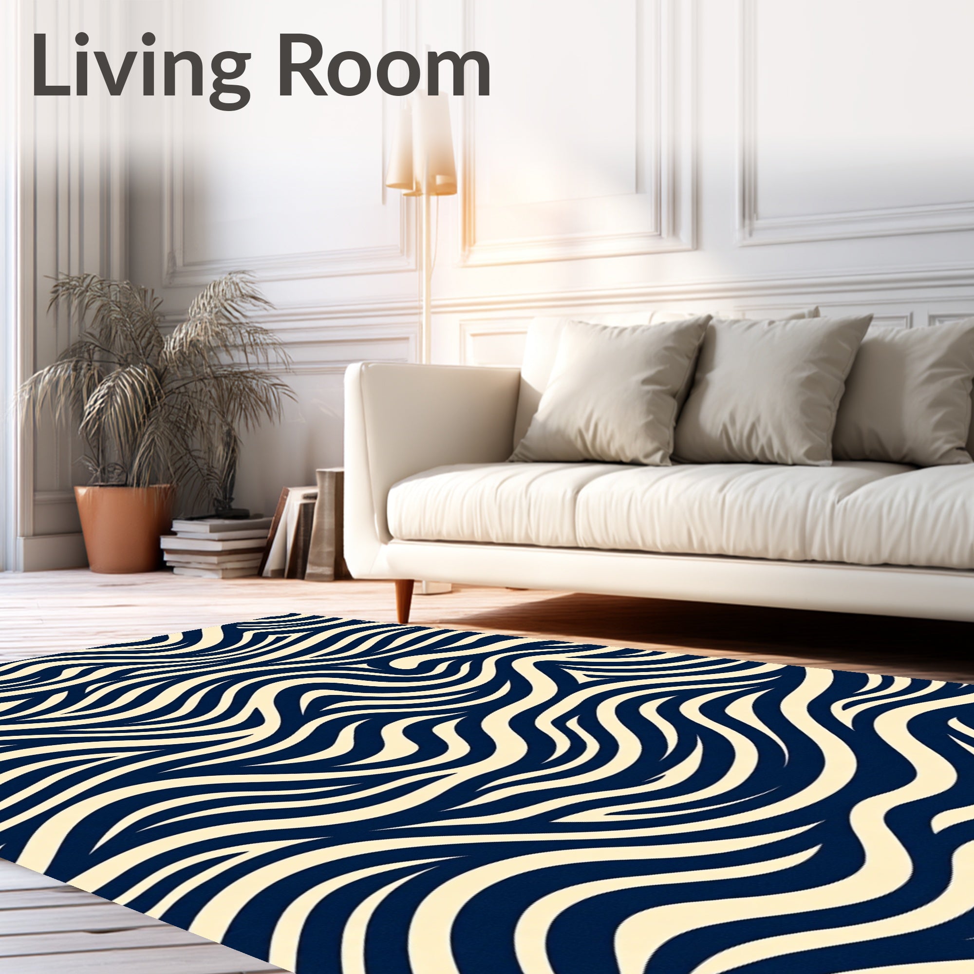 Cream and Navy Flowing Ribbon Pattern Rug