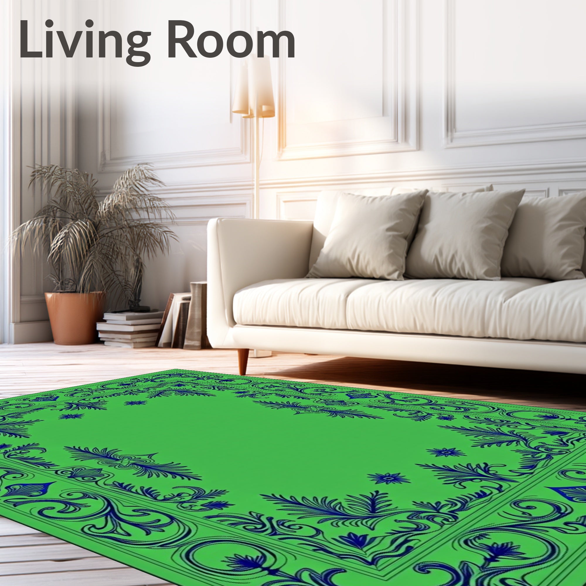 Ornate Green and Blue Scroll Pattern Rug