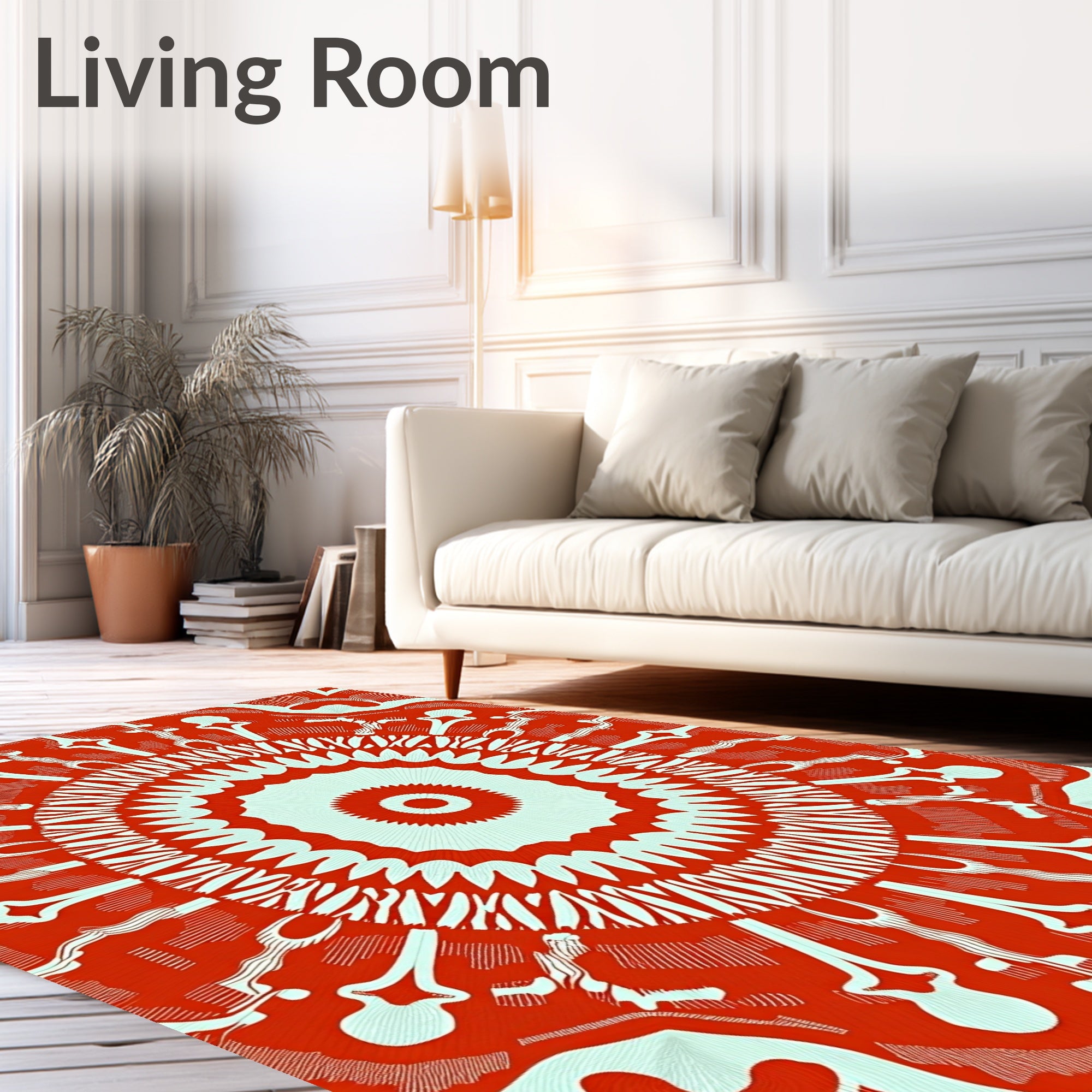 Intricate Radial Red White Pattern Rug