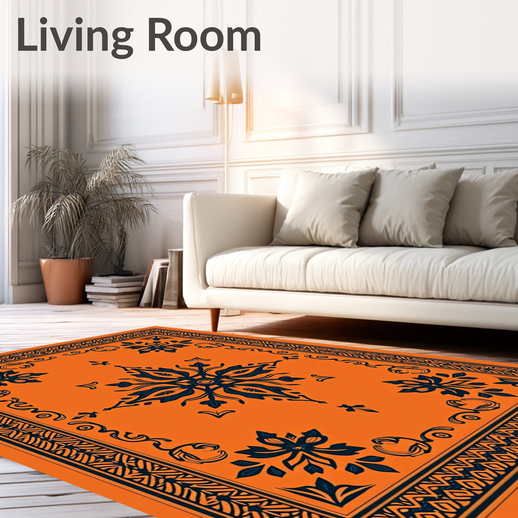 Vibrant Orange and Navy Floral Medallion Rug