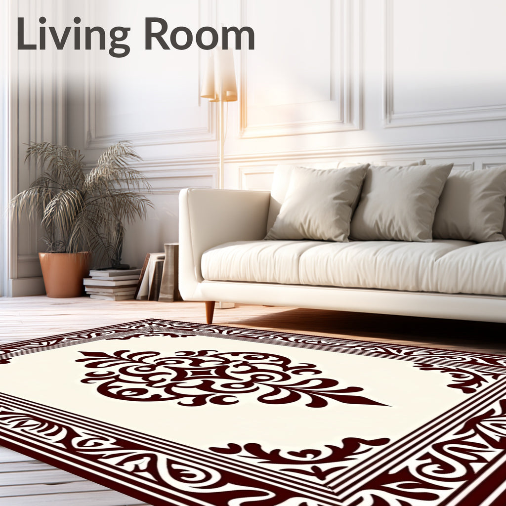 Ornate Crimson Scroll Medallion Border Rug