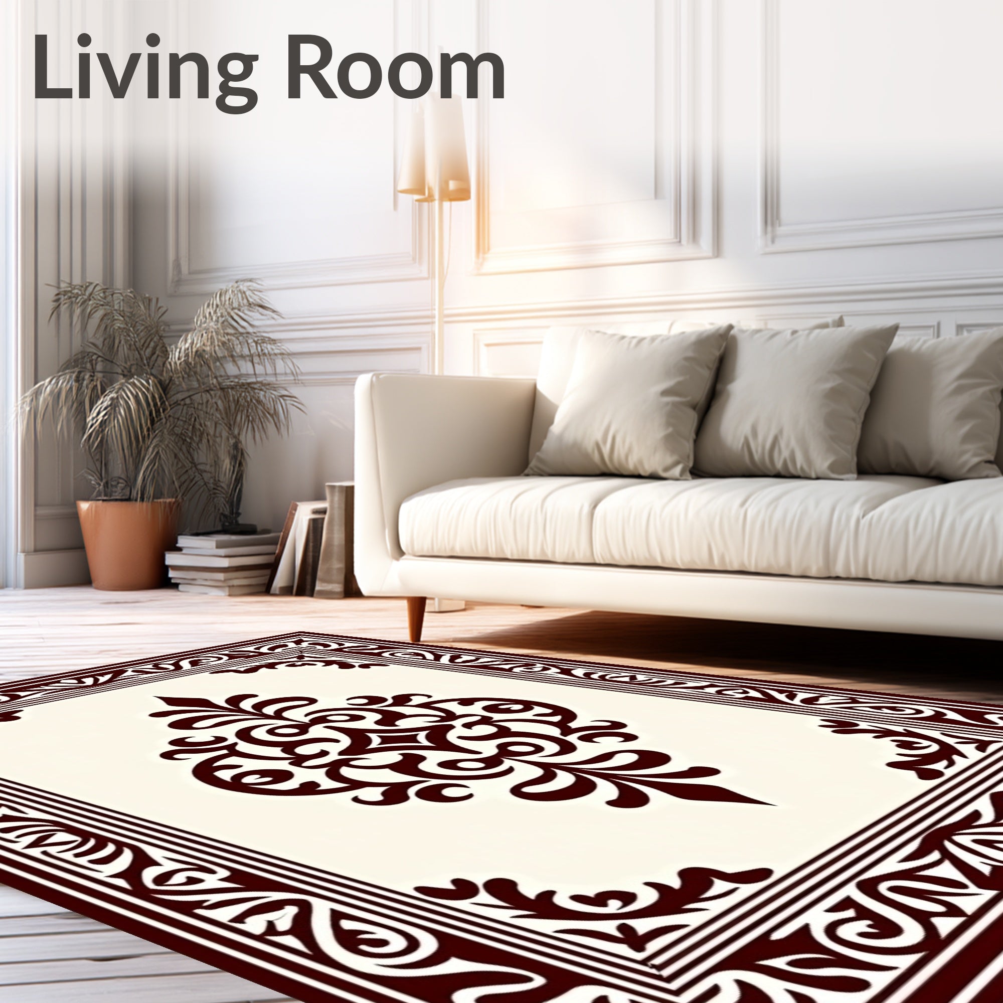Ornate Crimson Scroll Medallion Border Rug