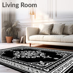 Intricate Black White Floral Border Rug