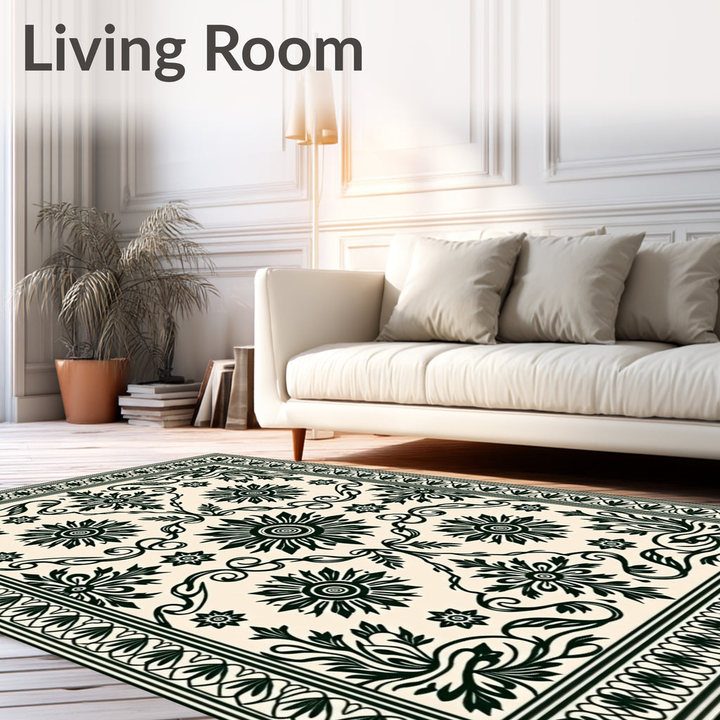 Classic Black Floral Scrollwork Pattern Rug