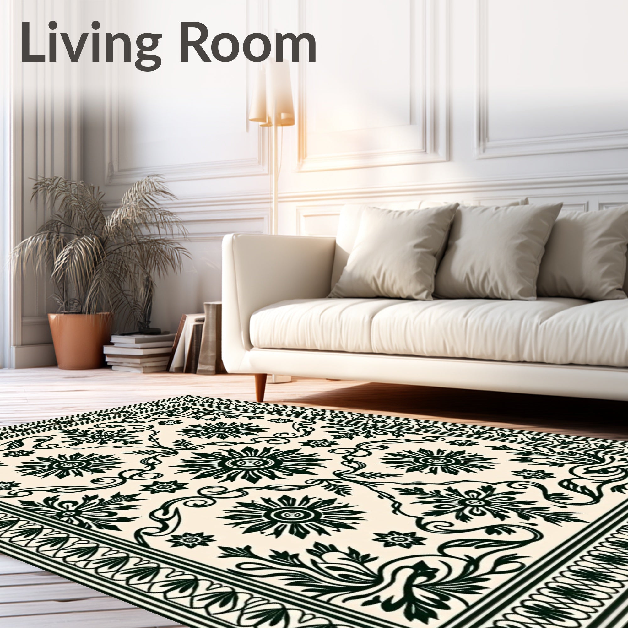 Classic Black Floral Scrollwork Pattern Rug