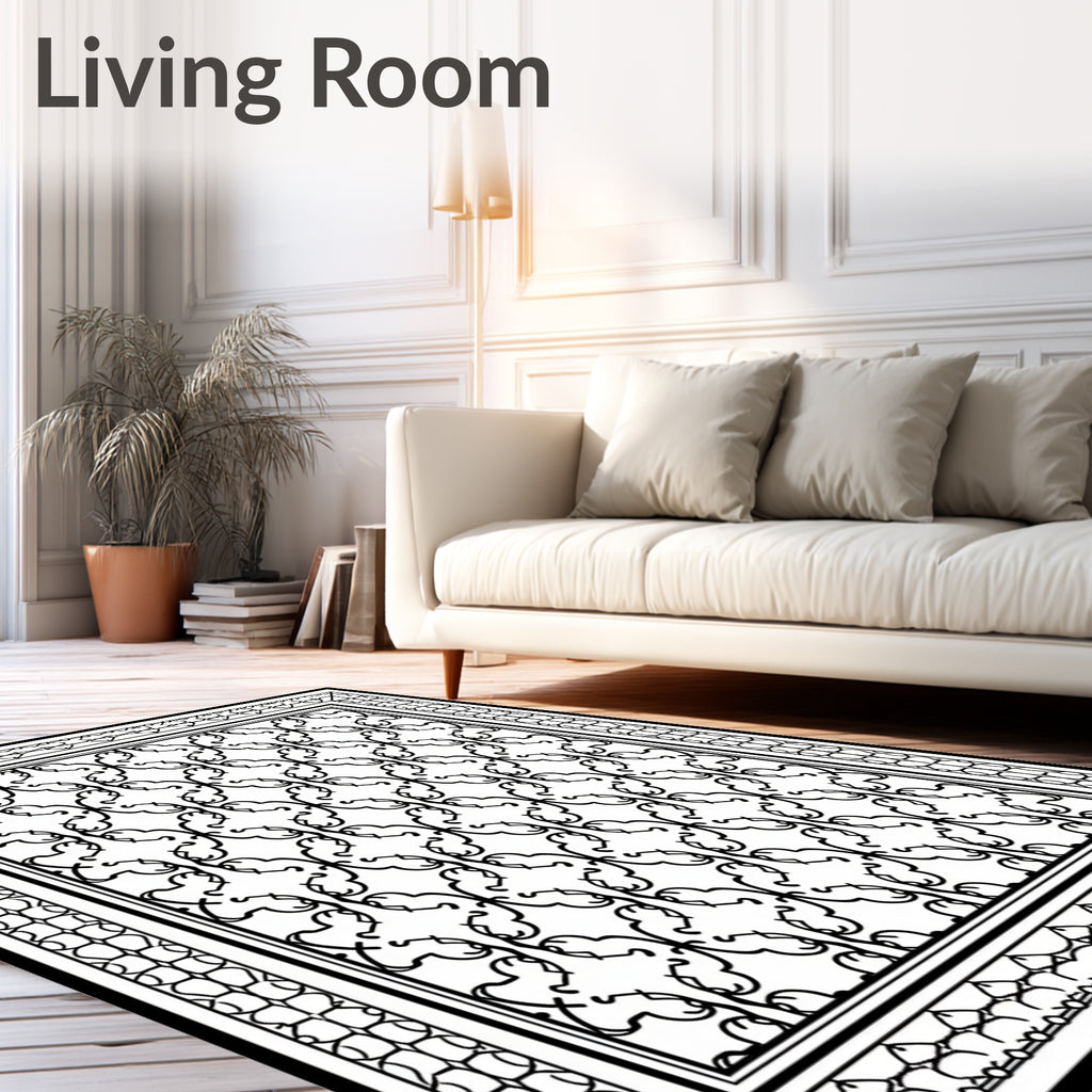Intricate Black White Swirl Motif Rug