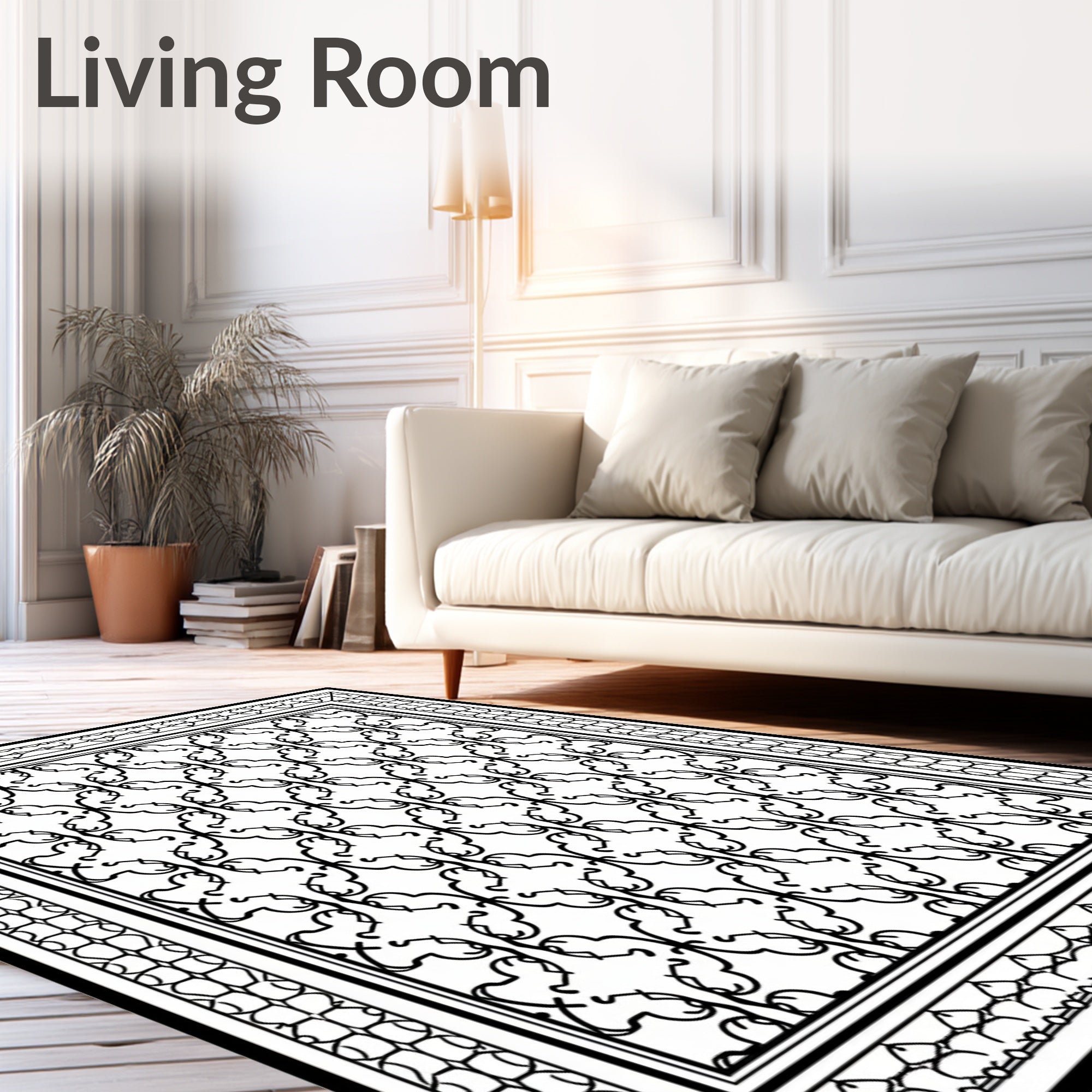 Intricate Black White Swirl Motif Rug