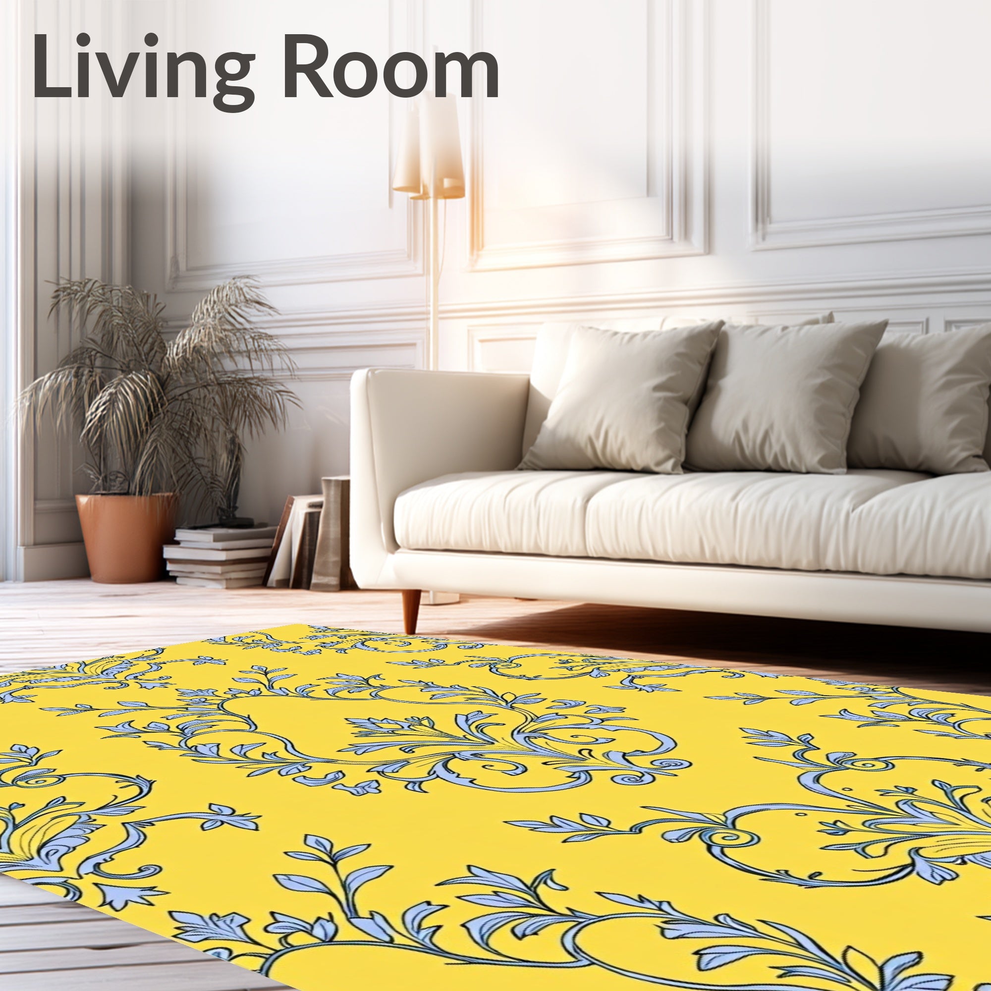 Yellow Botanical Damask Pattern Rug