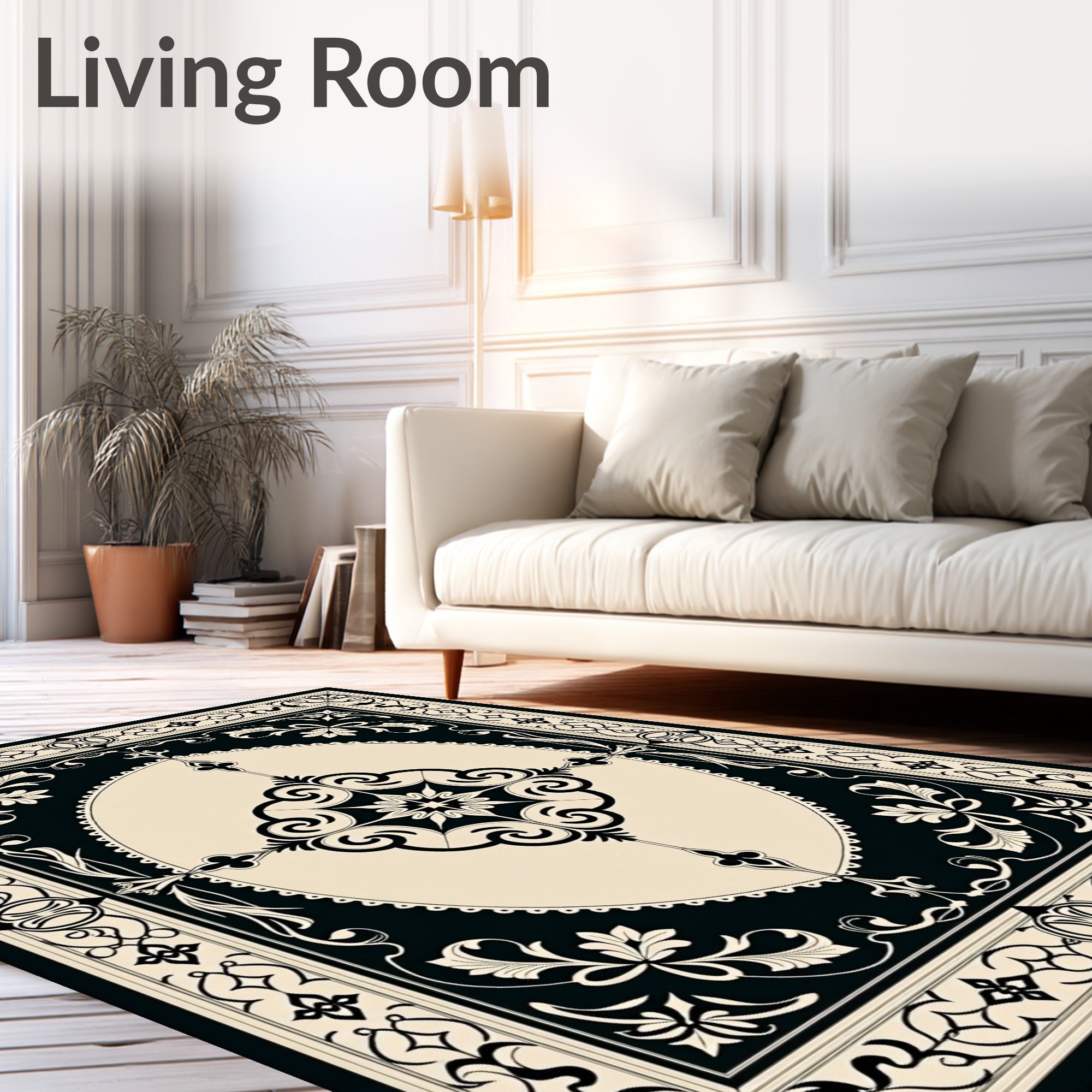 Classic Black Ivory Floral Scroll Rug
