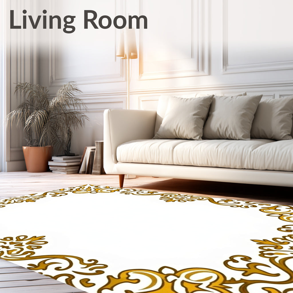 Elegant Gold Scrollwork Frame Motif Rug