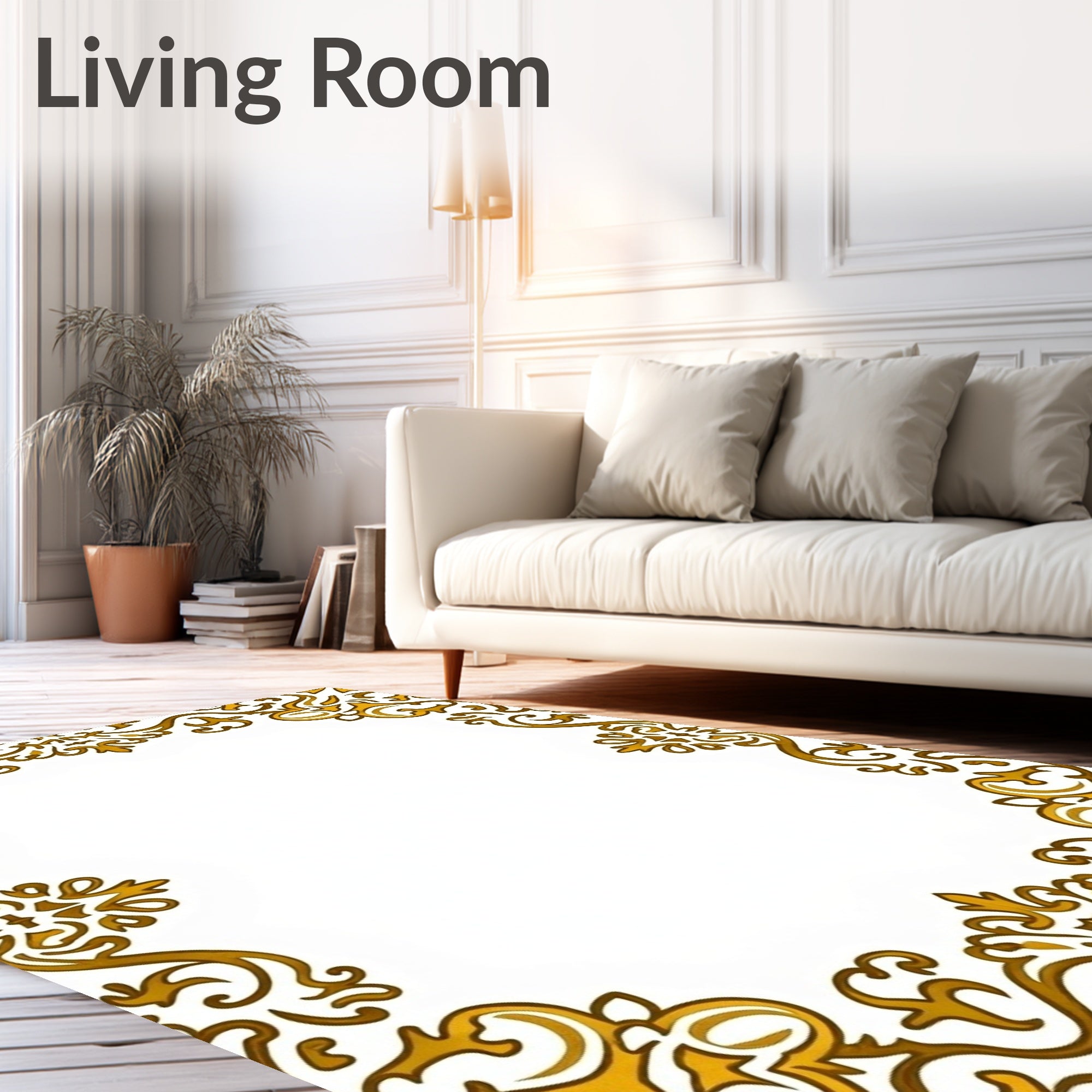 Elegant Gold Scrollwork Frame Motif Rug