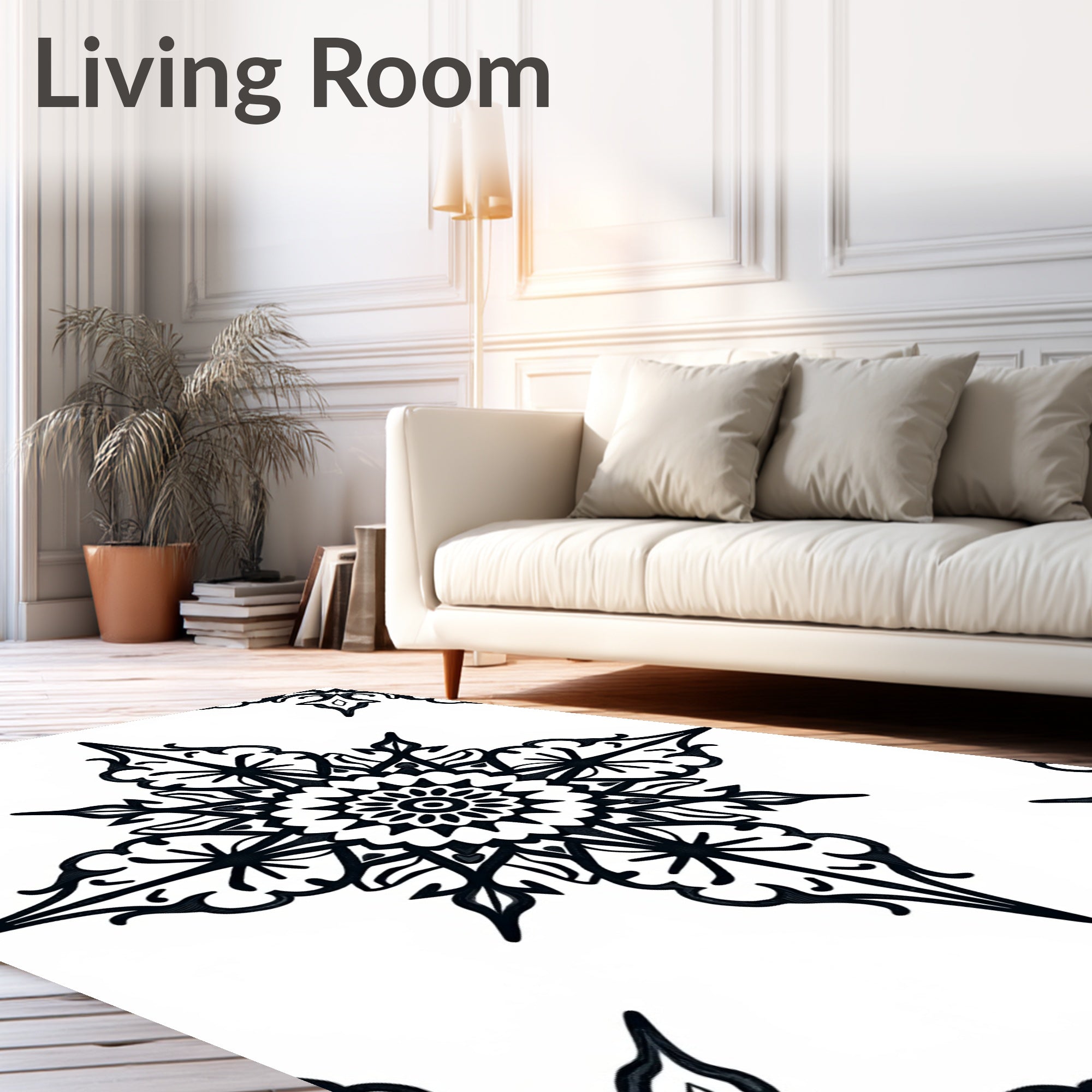 Intricate Black Floral Starburst Pattern Rug