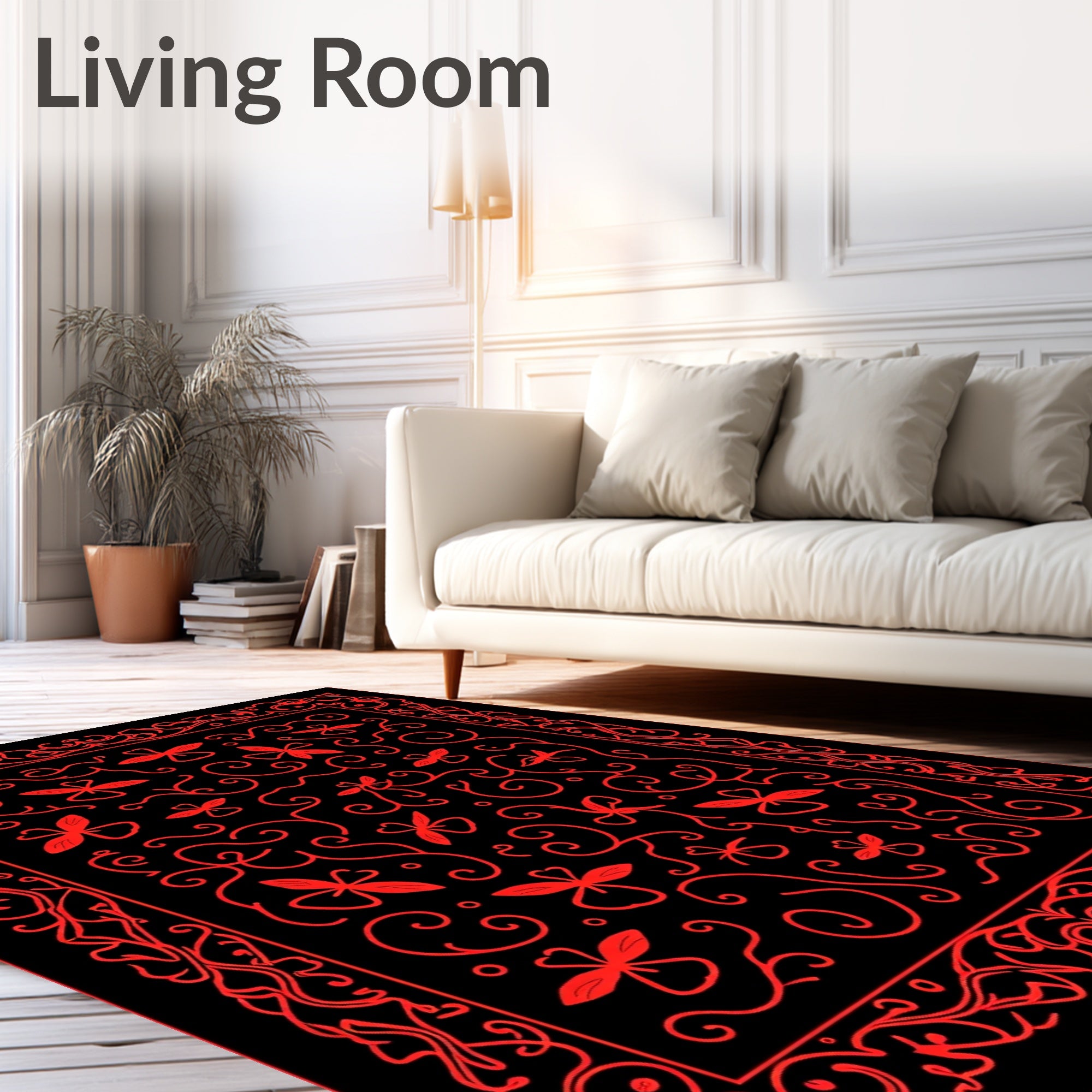 Red Butterflies With Flourishing Swirls Design Rug
