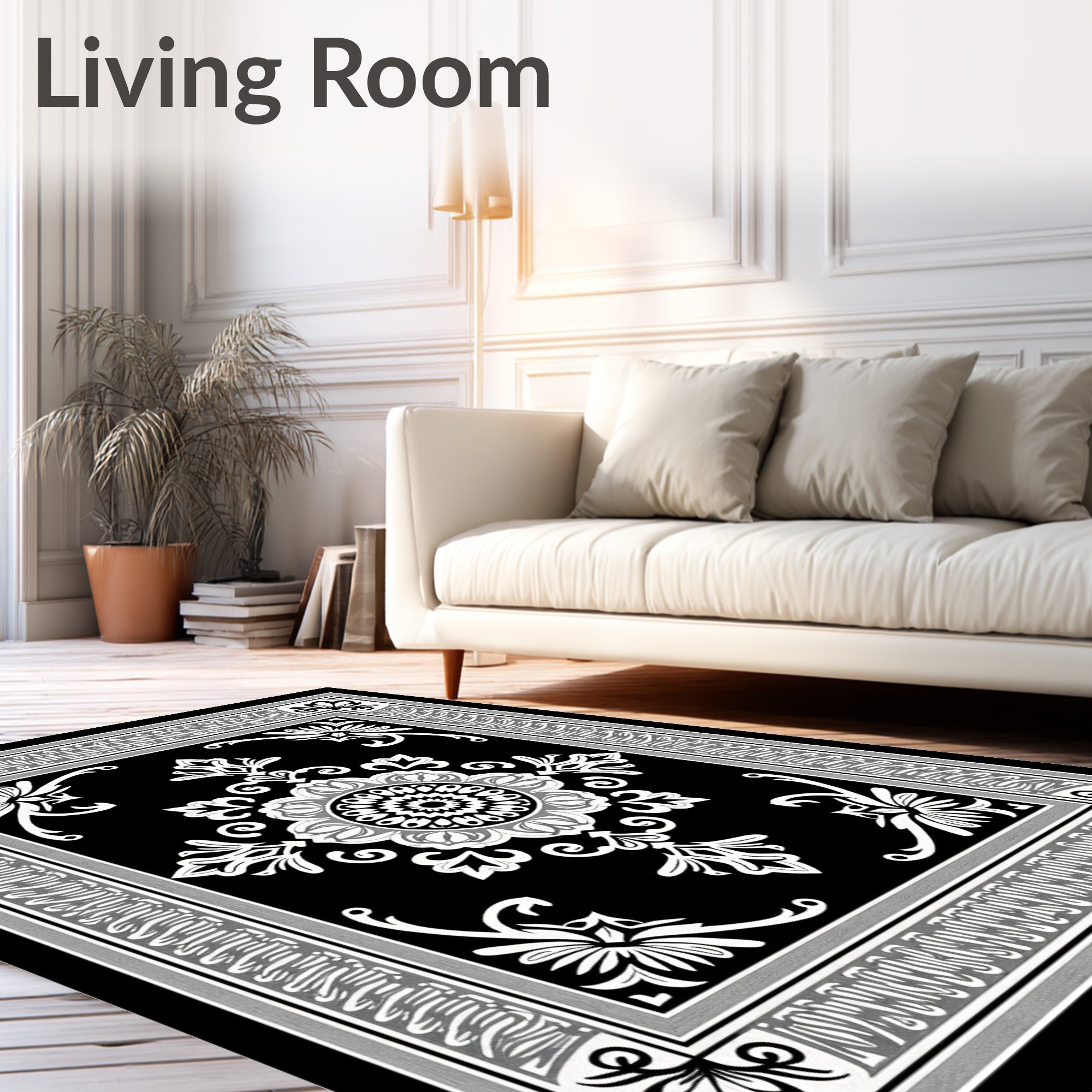 Classic Black White Floral Medallion Rug