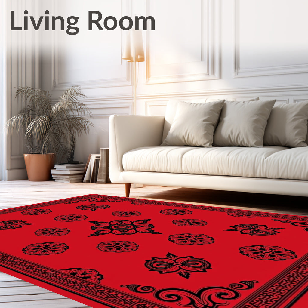 Red Black Floral Pattern Rug